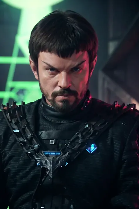 <lora:race_st_romulan:0.75> , romulan man, pointy ears, pointy eyebrows, forehead ridge, triangle bangs, facial hair, beard, mustache, looking at viewer, black metal armor, futuristic body armor, scifi starship background