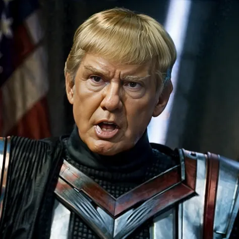 Donald Trump as a Romulan <lora:race_st_romulan:.69> with (pointy ears) and (pointy eyebrows) and (forehead ridge) wearing armor, angry, (blonde) hair, teeth