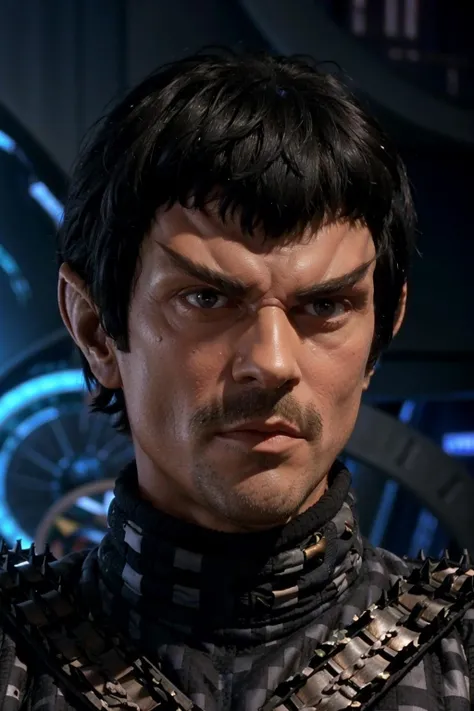headshot of a romulan man, triangle bangs, pointy ears, pointy eyebrows, forehead ridge, black hair, mustache, padded armor, spikes, sci-fi starship background, <lora:race_st_romulan:0.75>