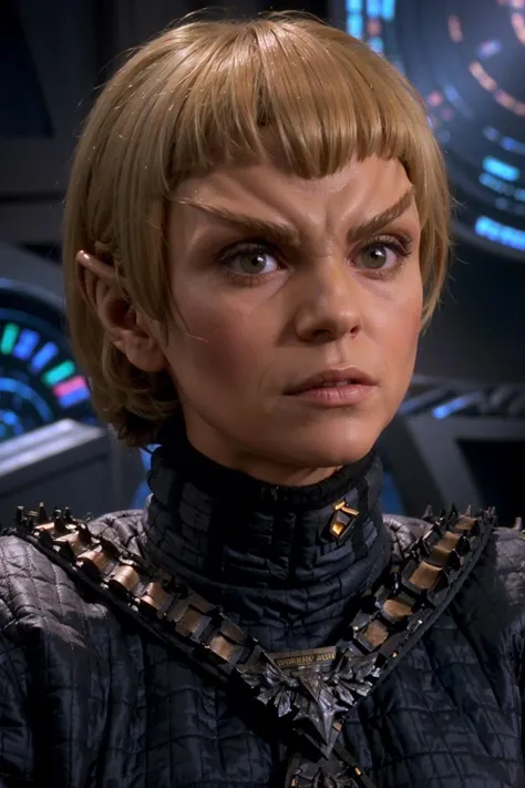 headshot of a romulan woman, triangle bangs, pointy ears, pointy eyebrows, forehead ridge, blonde hair, padded armor, spikes, sci-fi starship background, <lora:race_st_romulan:0.75>