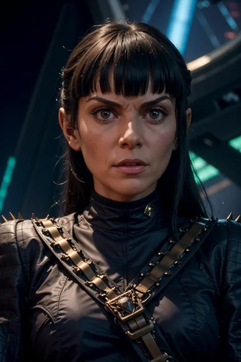 headshot of a romulan woman, triangle bangs, pointy ears, pointy eyebrows, padded armor, spikes, sci-fi starship background, <lora:race_st_romulan:0.5>