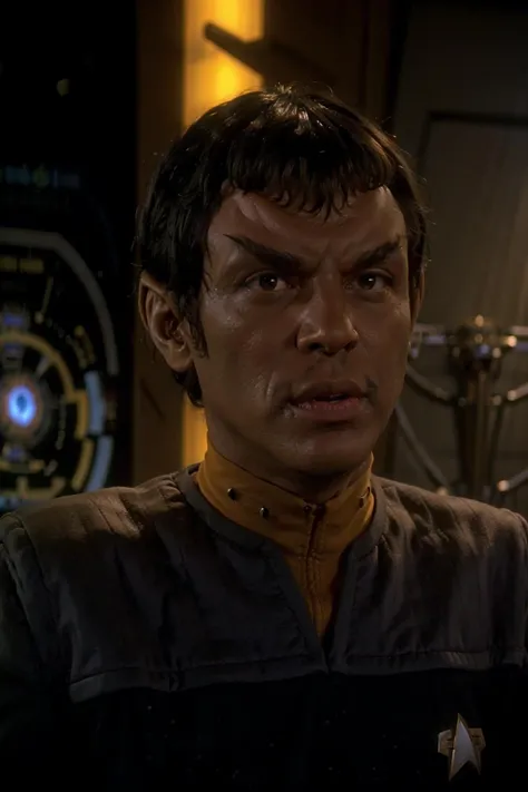 headshot of a romulan man, dark skin, triangle bangs, pointy ears, pointy eyebrows, forehead ridge, wearing black and yellow ds9st uniform, yellow collar, sci-fi starship background, bright lighting, <lora:race_st_romulan:0.7>,  <lora:DS9_768V12:0.8>