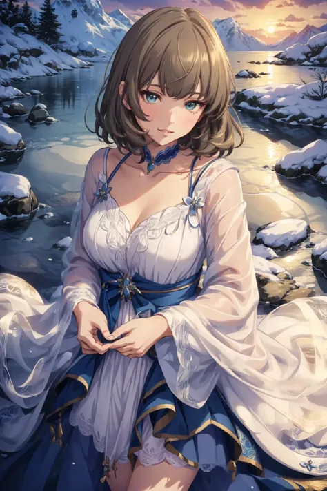 absurdres, highres, ultra detailed, (1girl:1.3),<lora:KaedeTakagaki:0.7>,takagaki kaede, 1girl, solo, green eyes, heterochromia,blue eyes, blush, short hair, bangs, medium breasts, collarbone, brown hair,, angelic smile
BREAK,
, Design a moon goddess, with lunar-inspired attire, the power to control the tides, and a connection to the night sky., Illustrate a guardian spirit beast, a powerful mythical creature that protects sacred places and serves as a loyal companion., Create a breathtaking snowy landscape, with snow-capped mountains, frosty trees, and a crisp winter air.
(kkw-ph1) <lora:boldline:0.5>
<lora:saturation:0.5>