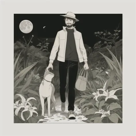 Slight retro color, flat, grainy, riso print style, illustration, cute, white space, low saturation, 1boy, animal, autumn, autumn leaves, bag, bird, black hair, branch, cat, facial hair, flower, fox, full moon, hat, jacket, leaf, lily \(flower\), male focus, maple leaf, moon, open clothes, pants, plant, shirt, shoes, solo, standing, stubble, sun, tree, walking, white flower, solo, smile, short hair, shirt, black hair, long sleeves, 1boy, standing, jacket, male focus, shoes, pants, bag, tree, profile, shadow, bird, animal, leaf, brown footwear, plant, walking, dog, limited palette
