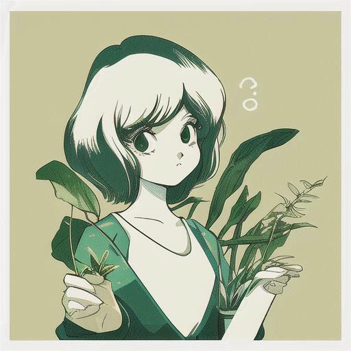 1gril,plant,
Slight retro color, flat, grainy, riso print style, illustration, cute, white space, low saturation,