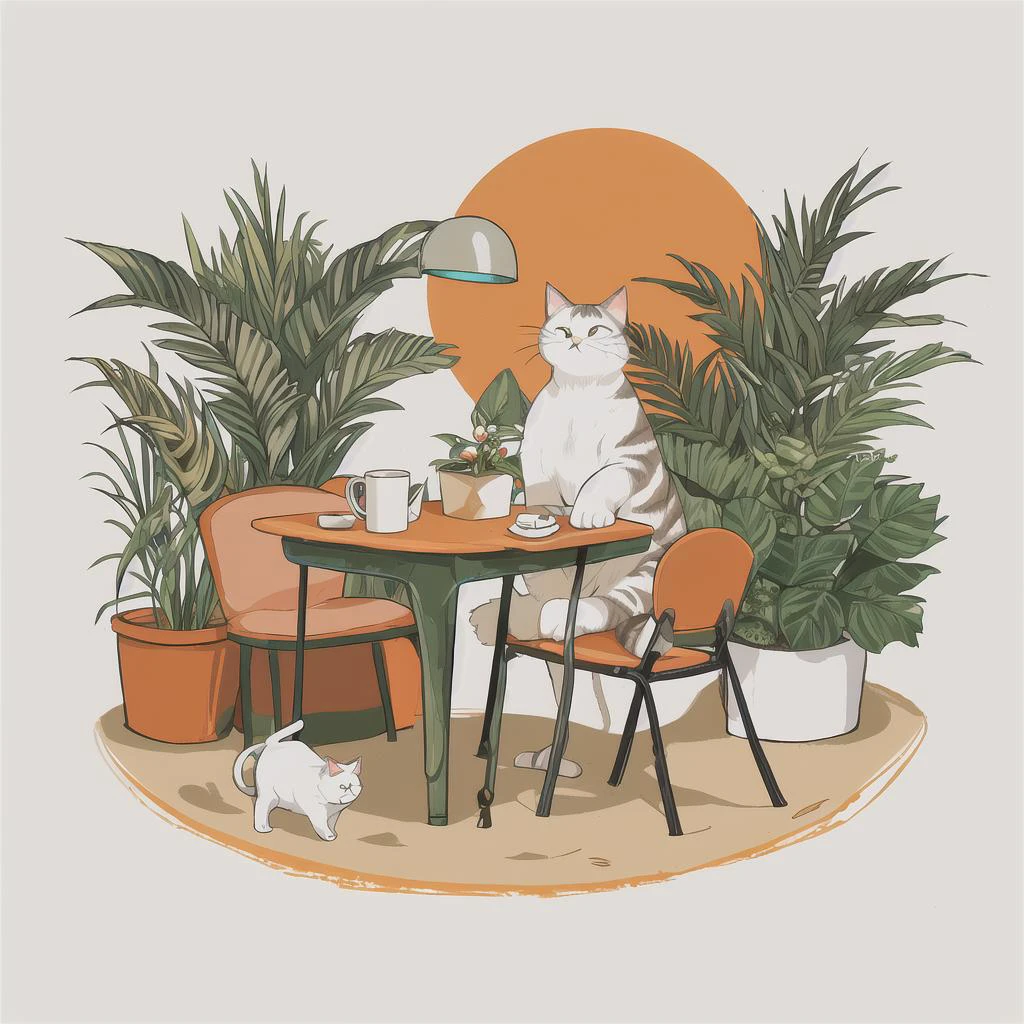 Slight retro color, flat, grainy, riso print style, illustration, cute, white space, low saturation, animal, beach, cat, chair, computer, cup, drink, drinking glass, drinking straw, flower, food, ice, ice cube, leaf, mug, no humans, orange background, palm tree, pencil, plant, potted plant, sand, table, tree, solo, sitting, cup, no humans, shadow, animal, leaf, chair, phone, cat, cellphone, plant, orange background, potted plant, lamp, animal focus, whiskers