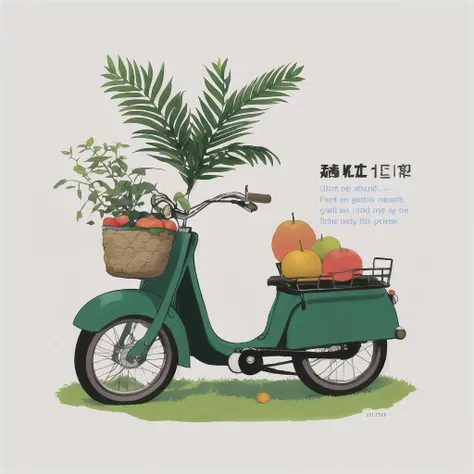 Slight retro color, flat, grainy, riso print style, illustration, cute, white space, low saturation, bird, branch, clock, flower, food, fruit, ice, leaf, no humans, orange \(fruit\), palm tree, plant, tree, simple background, white background, food, english text, no humans, leaf, grass, plant, ground vehicle, basket, bicycle