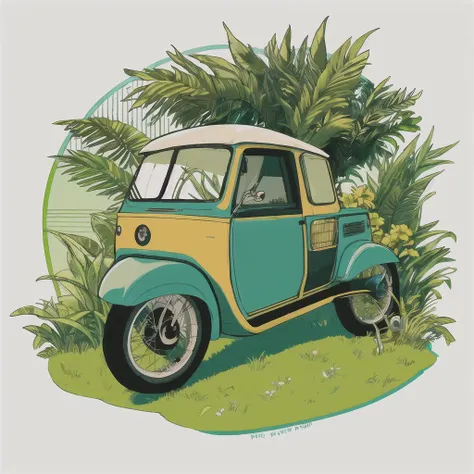 Slight retro color, flat, grainy, riso print style, illustration, cute, white space, low saturation, branch, flower, food, gradient, grass, ground vehicle, leaf, no humans, palm tree, plant, potted plant, tree, window, simple background, white background, no humans, leaf, grass, plant, ground vehicle, bicycle