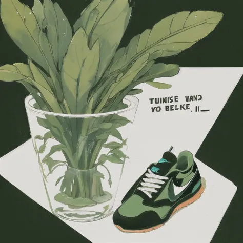 Slight retro color, flat, grainy, riso print style, illustration, cute, white space, low saturation, cup, food, glass, leaf, no humans, palm tree, plant, potted plant, seaweed, simple background, spring onion, traditional media, vines, water drop, white background, simple background, white background, shoes, bag, english text, no humans, shadow, leaf, plant, sneakers, still life, nike
