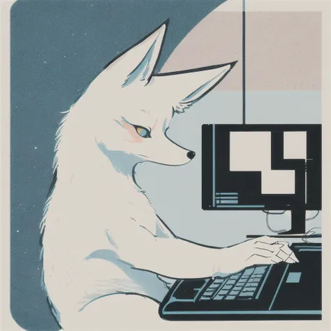 Slight retro color, flat, grainy, riso print style, illustration, cute, white space, low saturation,A fox typing in front of the computer