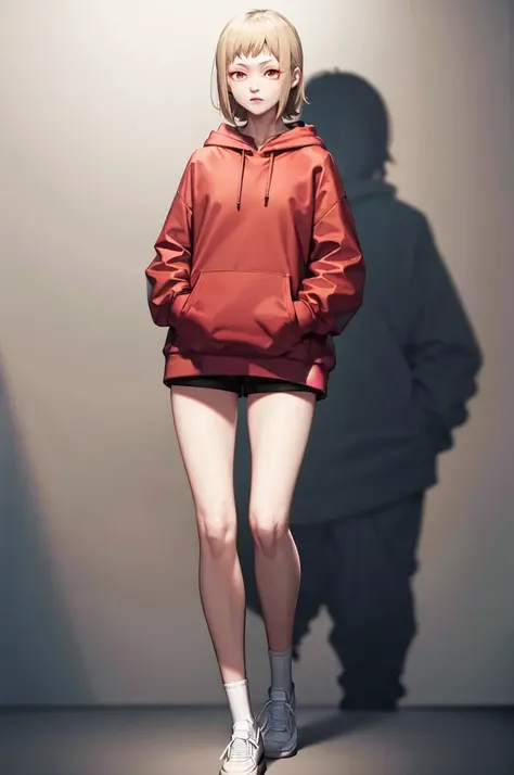 (masterpiece, best quality:1.2) akane, chainsaw man, 1girl, solo, looking at viewer, short hair, bangs, blonde hair, slit pupils, red eyes, long sleeves, shorts, hood down, white socks, red hoodie, simple background <lora:AKANE-10:0.7>