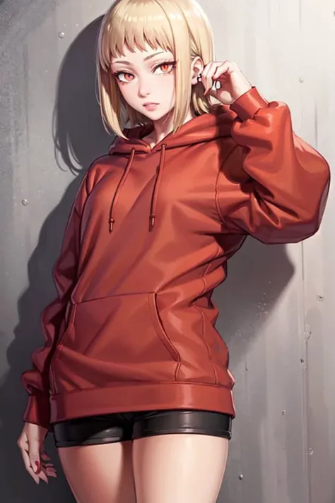 (masterpiece, best quality:1.2) akane, chainsaw man, 1girl, solo, looking at viewer, short hair, bangs, blonde hair, slit pupils, red eyes, long sleeves, shorts, hood down, white socks, red hoodie, simple background <lora:AKANE-10:0.7>
