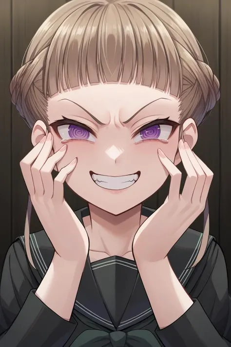 score_9, score_8_up, source_anime, 1girl, solo BREAK <lora:NemuPonyXL-000058:1> Manaka Nemu, short hair, braided hair, brown hair, violet eyes, black serafuku, green necktie, black thighhighs, black skirt, hands to own face, crazy eyes, grin, upper body