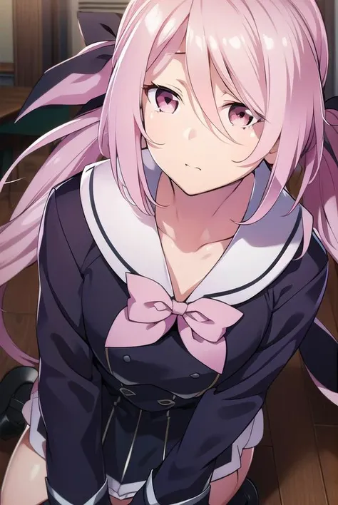 senriminamisawa, <lyco:senriminamisawa-LYCORIStest:1>,
senri minamisawa, long hair, ribbon, twintails, pink hair, low twintails, (pink eyes:1.5),
BREAK long sleeves, dress, bow, ribbon, school uniform, shoes, socks, bowtie, sailor collar, black footwear, black dress, red bow, short dress, white socks, red bowtie,
BREAK looking at viewer, hands behind head,
BREAK indoors, classroom,
BREAK <lora:GoodHands-vanilla:1>, (masterpiece:1.2), best quality, high resolution, unity 8k wallpaper, (illustration:0.8), (beautiful detailed eyes:1.6), extremely detailed face, perfect lighting, extremely detailed CG, (perfect hands, perfect anatomy),