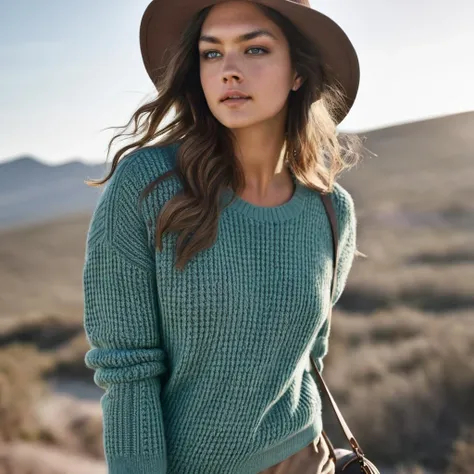 candice_boucher, <lora:CandiceBoucherXL:1.0>,portrait, close up, model shooting, 1girl, solo, long hair, long sleeves, hat, upper body, outdoors, day, bag, sweater, sleeves past wrists, looking to the side, realistic, beanie, North Saharan steppe and woodlands, ((sharp face, detailed face, realistic face, naturtal skin, realistic skin, detailed skin, pores)), ((perfect eyes, detailed eyes,realistic eyes)), (masterpiece, best quality, ultra-detailed, best shadow), high contrast, (best illumination), ((cinematic light)), colorful, hyper detail, dramatic light, intricate details, (1 girl, solo) , ultra detailed artistic photography, dreamy, backlit, shadows, ultra high definition, 8k, ultra sharp focus, ultra high quality model, soft lighting, film photography, analogue photography, hyperrealism,