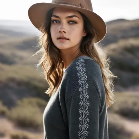candice_boucher, <lora:CandiceBoucherXL:1.0>,portrait, close up, model shooting, 1girl, solo, long hair, long sleeves, hat, upper body, outdoors, day, bag, sweater, sleeves past wrists, looking to the side, realistic, beanie, North Saharan steppe and woodlands, ((sharp face, detailed face, realistic face, naturtal skin, realistic skin, detailed skin, pores)), ((perfect eyes, detailed eyes,realistic eyes)), (masterpiece, best quality, ultra-detailed, best shadow), high contrast, (best illumination), ((cinematic light)), colorful, hyper detail, dramatic light, intricate details, (1 girl, solo) , ultra detailed artistic photography, dreamy, backlit, shadows, ultra high definition, 8k, ultra sharp focus, ultra high quality model, soft lighting, film photography, analogue photography, hyperrealism,