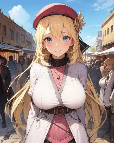 best quality, (masterpiece:1.2), illustration, absurdres, <lora:Mdf_anStyle-20:0.7>, sketch, drawing,
(1girl), (solo), (beautiful detailed girl), (upper body, portrait),
<lora:AgnesKuro-000010:0.9>, Agnes Claudel, blonde hair, long hair, blue eyes, large breasts, hair ornament, beret, white coat, (pink turtleneck dress:1.1), necklace, belt, pink skirt, pantyhose, brown boots, thigh boots,
looking at viewer, happy
desert city, middle east, middle eastern terrain, middle eastern architecture, cloudless sky, sun, day, cobblestone street, market stalls, bazaar, (crowd:1.2), middle eastern market,