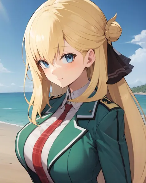 best quality, (masterpiece:1.2), illustration, absurdres, <lora:camonome_e8:0.2>, <lora:WaeroArtist-21:0.4>, <lora:senran_kagura-10:0.3>,<lora:flat2:0.5>
(1girl), (solo), (beautiful detailed girl), (upper body, portrait),
<lora:AgnesUniform-000010:0.9>, Agnes Claudel, blonde hair, long hair, low-tied long hair, hair ribbon, blue eyes, large breasts, green school uniform, red necktie, black pleated skirt, black thighhighs, brown loafers,
looking at viewer, happy
desert, mesas, sun, sky,