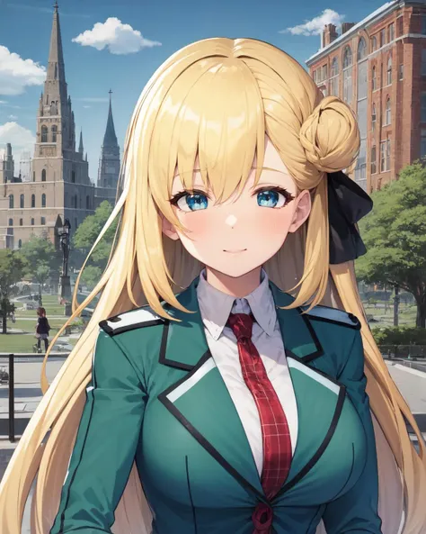 best quality, (masterpiece:1.2), illustration, absurdres,
(1girl, solo, beautiful detailed girl), (upper body, portrait),
<lora:AgnesUniform-000010:0.9>, Agnes Claudel, blonde hair, long hair, low-tied long hair, hair ribbon, blue eyes, large breasts,
green school uniform, red necktie, black pleated skirt, black thighhighs, brown loafers,
happy, looking at viewer,
city marketplace, fountain, buildings, trees, day, sky, clouds, sun,