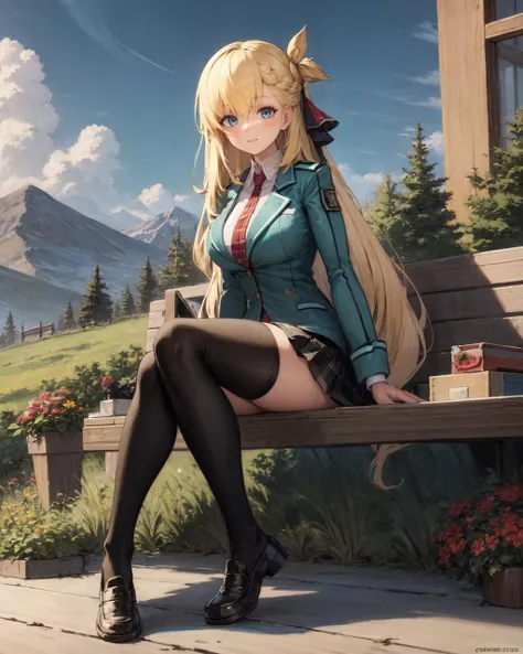 best quality, (masterpiece:1.2), illustration, absurdres,
(1girl), (solo), (beautiful detailed girl), full body,
<lora:AgnesUniform-000010:0.9>, Agnes Claudel, blonde hair, long hair, low-tied long hair, hair ribbon, blue eyes, large breasts, green school uniform, red necktie, black pleated skirt, black thighhighs, brown loafers,
looking at viewer, happy
magical forest, flowers, distant mountains, sky, clouds