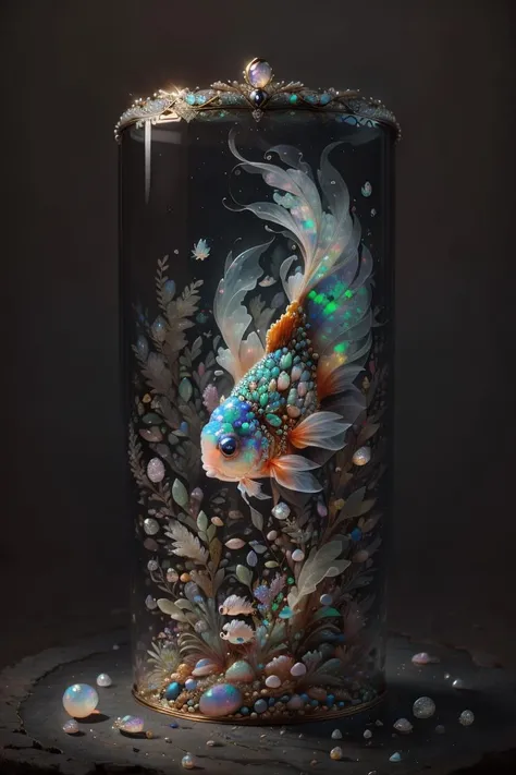 <lora:opal-style-darquelilly-v1:1> opalstyle, goldfish