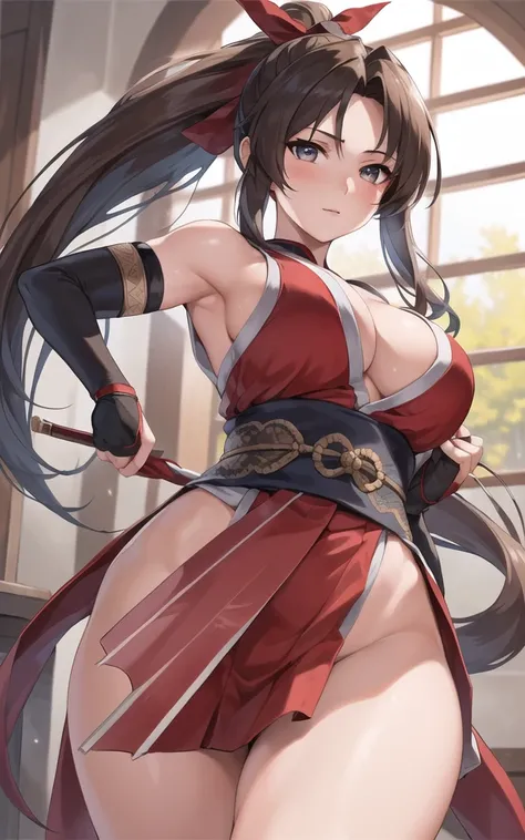 masterpiece, best quality, (realistic, 1girl, solo, beautiful face, detailed face, beautiful eyes), (breasts), thighs, long hair, <lora:shiranuiMaiAkiryo_v2:0.4>, ponytail, breasts contains, red, shinobi, ninja, bare shoulder, elbow gloves, skirt curtain, hand fan, fans
