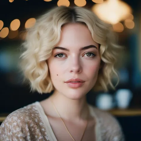 <lora:loganpolish_sdxl:1> loganpolish, a close up portrait photo of 26 y.o woman, blonde Wavy Short Hairstyle , pale skin, detailed skin, tan, (freckles:.5), sitting, face closeup, 70s clothing, vintage coffee shop, chiaroscuro lighting, eye level, shot on large format, Fujicolor Pro, bokeh, in style of Miles Aldridge