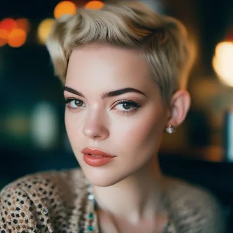 <lora:loganpolish_sdxl:1>  loganpolish,  a close up portrait photo of 26 y.o woman, Sassy Undercut Pixie ,   pale skin, detailed skin, tan, (freckles:.5), sitting, face closeup, 70s clothing, vintage coffee shop,  chiaroscuro lighting, eye level, shot on large format, Fujicolor Pro, bokeh, in style of Miles Aldridge