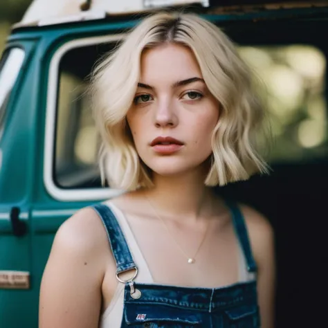<lora:loganpolish_sdxl:1> loganpolish, candid photo, a close up portrait photo of 26 y.o woman, Short Blunt Blonde Bob, pale skin, detailed skin, dirt on face, tan, (freckles:.5), standing, upper body, homeless clothing, rusted out Volkswagen van, forest canopy, moody lighting, from below, shot on large format, Fujicolor Pro, sharp focus, in style of Miles Aldridge
