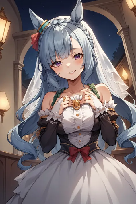 score_9, score_8_up, score_7_up, , rating_general ,1girl , ards, crown braid, horse ears, ear ornament, drill sidelocks, twin drills, wedding dress, wedding ring, bridal gauntlets, bridal veil, dynamic angle , source_anime , cowboy shot, indoors, naughty face, smile, night, outdoors, <lora:ArdanPDCAME UMA:1>,