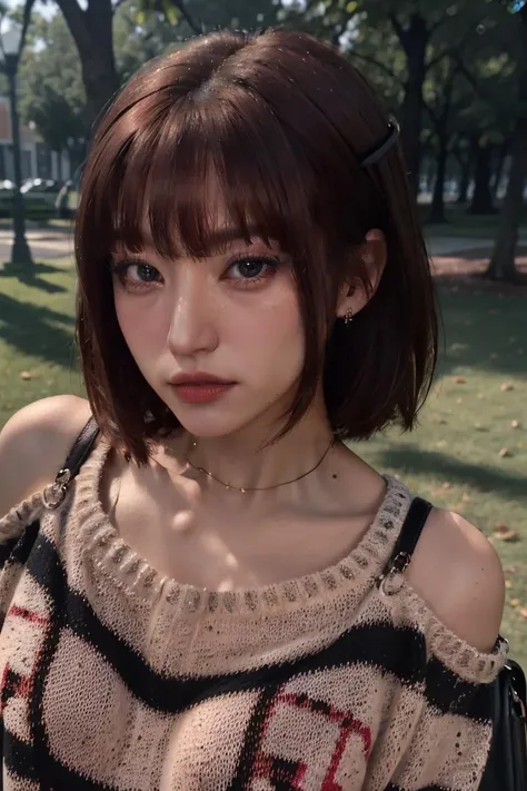 drooing eyes、short hairstyle、Little fat girl、A dark-haired、short-haired、Embarrassed face、Autumn landscape、Hair illuminated by the sun、hitornfreckles、Halloween Costumes、