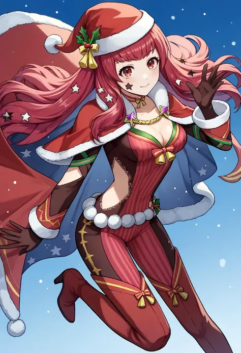 masterpiece, best quality, solo, 1girl, looking at viewer, smile, <lora:YunakaXmas:0.9>, xmasYunaka, gloves, cleavage, striped, cape, fur trim, thigh boots, facial mark, red footwear, santa hat, santa costume, <lora:FE-ENGAGE S Rank_Fp:1>, night, starry sky, snow, standing, hand on hip,
