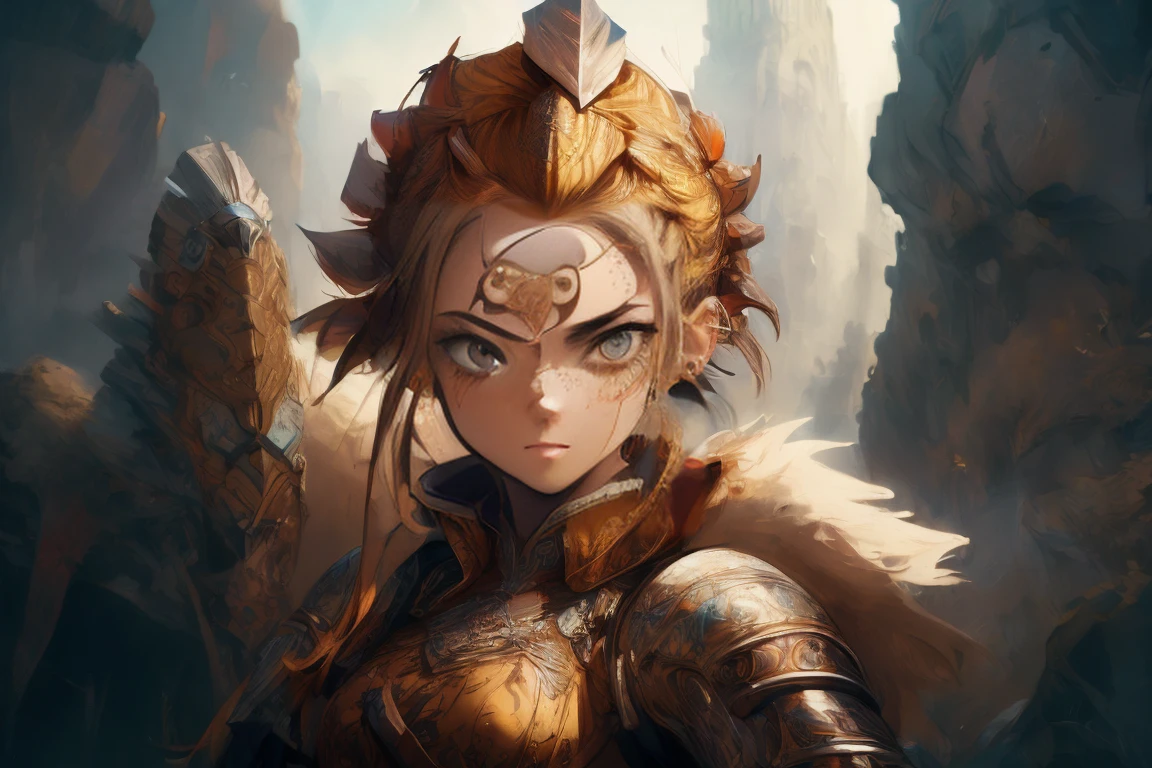 <lora:RPGDwarf:1.3> (masterpiece, best quality:1.4), best quality, high detail, (beautiful, aesthetic, perfect, delicate, intricate:1), professional lighting, slim and smooth lines, fractal art, <lora:detail_slider_v4:1.0> 1 girl, adult (elven:0.7) woman, freckles, amber eyes, yellow blowout hair, , BREAK solo, upper body, looking away, detailed background, detailed face, (<lora:TotemPunkAI:0.5>, totempunkai, mohawk theme:1.1), guard, standing firm, unyielding, shield, gauntlets, coat of arms, tower in background, fortified, wind blowing, night, medieval atmosphere,