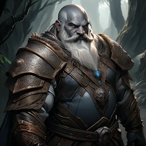 <lora:RPGDwarf:0.8> dwarf, chubby, bald, beard <lora:drow_offset:0.8> colored skin, dark skin, blue skin, grey skin, leather armor, druid,