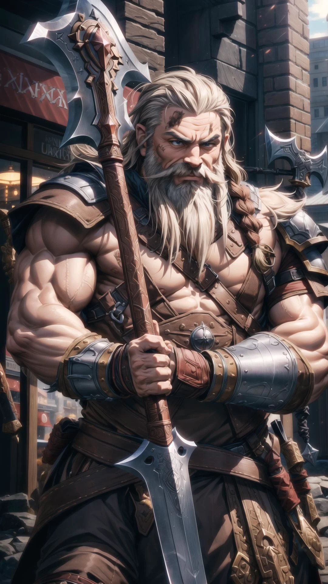 <lora:RPGDwarf:0.7> (dwarf. 1boy:1.25), long beard, beard ornament, beard braid, BREAK, <lora:UnlimitedBladeWorks1.6:0.5> (Axe, DualWielding:1.25), Unlimited Blade Works, holding, weapon, holding weapon, BREAK, (Warpaint:1.25), muscular male, warcry, (naked upper body:1.5), masterpiece, best quality, extremely detailed, highly quality, 4k, sharp focus, professional, sharp focus, award winning, cinematic lighting, octane render, unreal engine, volumetrics dtx, Wallpaper,