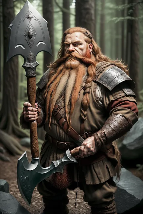 xPn3C4r - (high quality), (masterpiece), (detailed), 8K, Painting, Tolkien-style dwarf, stout build, (bushy red beard:1.2), (massive stone-crafted axe:1.2) BREAK, standing against (dappled forest backdrop:1.2) BREAK.  <lora:RPGDwarf:0.6> dwarf Art Deco