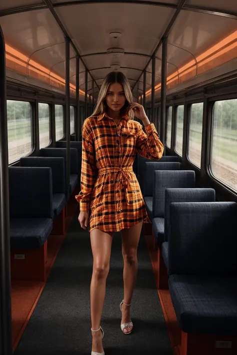 (Two-shot:1.3) Tower13_Lara (smile:1.3) (skinny, slim, slender, narrow waist:1.3)BREAK (Wearing Orange Spandex Plaid shirt dress:1.3) BREAK (Inside a Train Carriage , in Dresden:1.3) ((Photo Focus, DOF, Aperture, insanely detailed and intricate, character, hypermaximalist, hyper realistic, super detailed, (lens flare)))<lora:exposure_control_v10:-0.2> <lora:more_details:0.3>