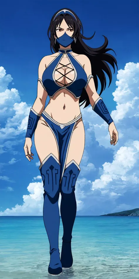long blue hair, bikini, white flared pants, fingerless gloves, bell-bottoms, blue eyes, sword, city