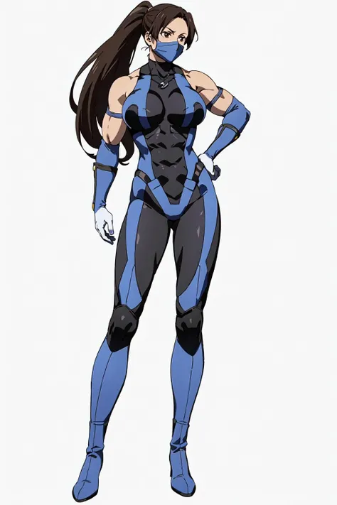 masterpiece, high quality, best quality, (1girl, solo:1.5), (muscular:1.0), muscles, abs, biceps, thighs, obliques, abs lines, naval, thighs, fit, (gigantic breasts:1.0), buffed, (closed mouth, half smile), (full-coverage attire, functional, proper, elegant, and modest attire:1.5), Kitana, black hair, ponytail, brown eyes, elbow gloves, skin-tight full-length bodysuit, mouth mask, thigh boots, (white background:1.5), anime coloring, anime screencap, anime style, anime key visual, (full body:1.5), <lora:MKvsDC:0.60>