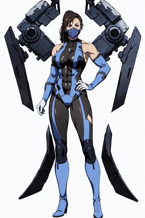 masterpiece, high quality, best quality, (1girl, solo:1.5), (muscular:1.0), muscles, abs, biceps, thighs, obliques, abs lines, naval, thighs, fit, (gigantic breasts:1.0), buffed, (closed mouth, half smile), (full-coverage attire, functional, proper, elegant, and modest attire:1.5), Kitana, black hair, ponytail, brown eyes, elbow gloves, skin-tight full-length bodysuit, mouth mask, thigh boots, (white background:1.5), anime coloring, anime screencap, anime style, anime key visual, (full body:1.5), <lora:MKvsDC:0.60>