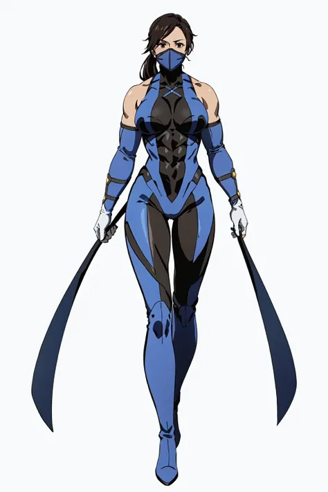 masterpiece, high quality, best quality, (1girl, solo:1.5), (muscular:1.0), muscles, abs, biceps, thighs, obliques, abs lines, naval, thighs, fit, (gigantic breasts:1.0), buffed, (closed mouth, half smile), (full-coverage attire, functional, proper, elegant, and modest attire:1.5), Kitana, black hair, ponytail, brown eyes, elbow gloves, skin-tight full-length bodysuit, mouth mask, thigh boots, (white background:1.5), anime coloring, anime screencap, anime style, anime key visual, (full body:1.5), <lora:MKvsDC:0.60>