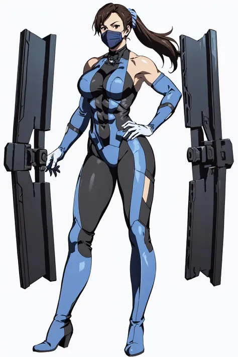 masterpiece, high quality, best quality, (1girl, solo:1.5), (muscular:1.0), muscles, abs, biceps, thighs, obliques, abs lines, naval, thighs, fit, (gigantic breasts:1.0), buffed, (closed mouth, half smile), (full-coverage attire, functional, proper, elegant, and modest attire:1.5), Kitana, black hair, ponytail, brown eyes, elbow gloves, skin-tight full-length bodysuit, mouth mask, thigh boots, (white background:1.5), anime coloring, anime screencap, anime style, anime key visual, (full body:1.5), <lora:MKvsDC:0.60>