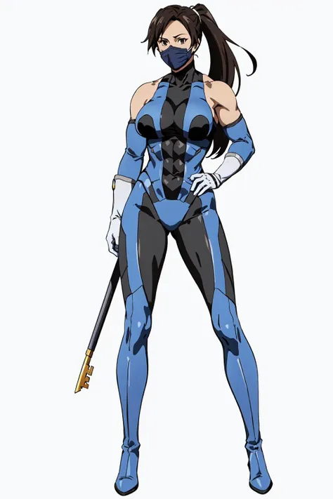 masterpiece, high quality, best quality, (1girl, solo:1.5), (muscular:1.0), muscles, abs, biceps, thighs, obliques, abs lines, naval, thighs, fit, (gigantic breasts:1.0), buffed, (closed mouth, half smile), (full-coverage attire, functional, proper, elegant, and modest attire:1.5), Kitana, black hair, ponytail, brown eyes, elbow gloves, skin-tight full-length bodysuit, mouth mask, thigh boots, (white background:1.5), anime coloring, anime screencap, anime style, anime key visual, (full body:1.5), <lora:MKvsDC:0.60>