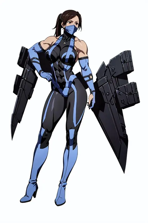 masterpiece, high quality, best quality, (1girl, solo:1.5), (muscular:1.0), muscles, abs, biceps, thighs, obliques, abs lines, naval, thighs, fit, (gigantic breasts:1.0), buffed, (closed mouth, half smile), (full-coverage attire, functional, proper, elegant, and modest attire:1.5), Kitana, black hair, ponytail, brown eyes, elbow gloves, skin-tight full-length bodysuit, mouth mask, thigh boots, (white background:1.5), anime coloring, anime screencap, anime style, anime key visual, (full body:1.5), <lora:MKvsDC:0.60>
