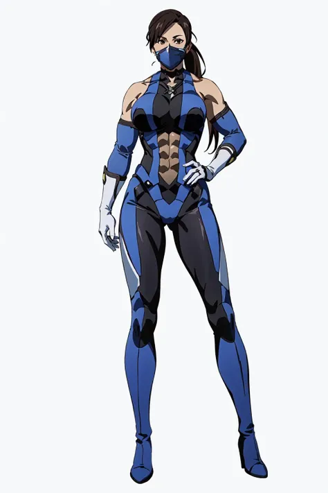 masterpiece, high quality, best quality, (1girl, solo:1.5), (muscular:1.0), muscles, abs, biceps, thighs, obliques, abs lines, naval, thighs, fit, (gigantic breasts:1.0), buffed, (closed mouth, half smile), (full-coverage attire, functional, proper, elegant, and modest attire:1.5), Kitana, black hair, ponytail, brown eyes, elbow gloves, skin-tight full-length bodysuit, mouth mask, thigh boots, (white background:1.5), anime coloring, anime screencap, anime style, anime key visual, (full body:1.5), <lora:MKvsDC:0.60>