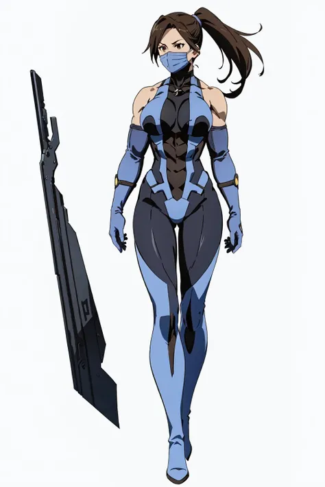 masterpiece, high quality, best quality, (1girl, solo:1.5), (muscular:1.0), muscles, abs, biceps, thighs, obliques, abs lines, naval, thighs, fit, (gigantic breasts:1.0), buffed, (closed mouth, half smile), (full-coverage attire, functional, proper, elegant, and modest attire:1.5), Kitana, black hair, ponytail, brown eyes, elbow gloves, skin-tight full-length bodysuit, mouth mask, thigh boots, (white background:1.5), anime coloring, anime screencap, anime style, anime key visual, (full body:1.5), <lora:MKvsDC:0.60>