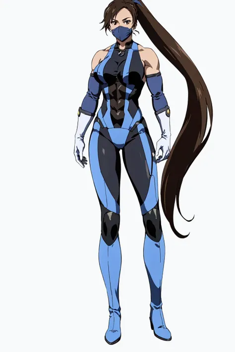 masterpiece, high quality, best quality, (1girl, solo:1.5), (muscular:1.0), muscles, abs, biceps, thighs, obliques, abs lines, naval, thighs, fit, (gigantic breasts:1.0), buffed, (closed mouth, half smile), (full-coverage attire, functional, proper, elegant, and modest attire:1.5), Kitana, black hair, ponytail, brown eyes, elbow gloves, skin-tight full-length bodysuit, mouth mask, thigh boots, (white background:1.5), anime coloring, anime screencap, anime style, anime key visual, (full body:1.5), <lora:MKvsDC:0.60>