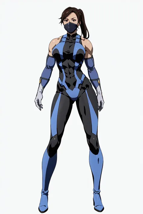 masterpiece, high quality, best quality, (1girl, solo:1.5), (muscular:1.0), muscles, abs, biceps, thighs, obliques, abs lines, naval, thighs, fit, (gigantic breasts:1.0), buffed, (closed mouth, half smile), (full-coverage attire, functional, proper, elegant, and modest attire:1.5), Kitana, black hair, ponytail, brown eyes, elbow gloves, skin-tight full-length bodysuit, mouth mask, thigh boots, (white background:1.5), anime coloring, anime screencap, anime style, anime key visual, (full body:1.5), <lora:MKvsDC:0.60>
