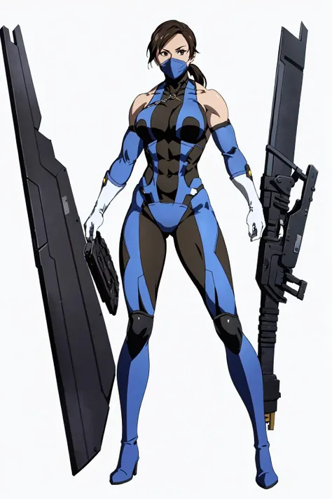 masterpiece, high quality, best quality, (1girl, solo:1.5), (muscular:1.0), muscles, abs, biceps, thighs, obliques, abs lines, naval, thighs, fit, (gigantic breasts:1.0), buffed, (closed mouth, half smile), (full-coverage attire, functional, proper, elegant, and modest attire:1.5), Kitana, black hair, ponytail, brown eyes, elbow gloves, skin-tight full-length bodysuit, mouth mask, thigh boots, (white background:1.5), anime coloring, anime screencap, anime style, anime key visual, (full body:1.5), <lora:MKvsDC:0.60>