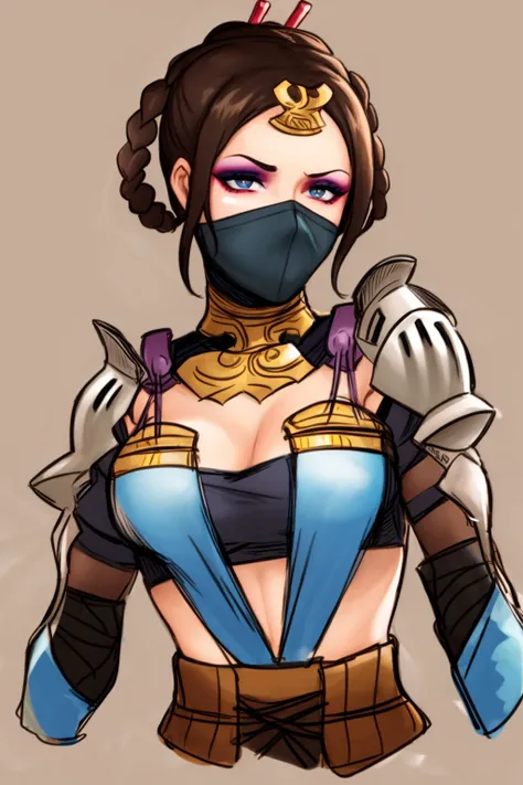 masterpiece, best quality, 1girl, kitana, braid, hair ornament, eyeshadow, mask, breasts, armor, closeup, sketch, solo, simple background <lora:KitanaMKX:1>